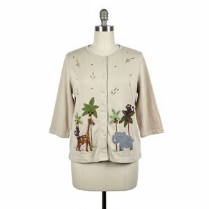 Onque Casuals Cardigan Large Safari Monkey Giraffe Elephant Embroidered Novelty
